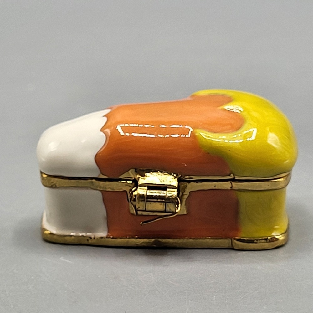 Work of Art Halloween Mini Candy Corn Trinket Box Enamel Hinged Orange Yellow